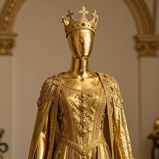 Photograph of a golden, faceless mannequin wearing an ornate, crown-adorned, medieval-style gown with intricate embroidery and detailed bead