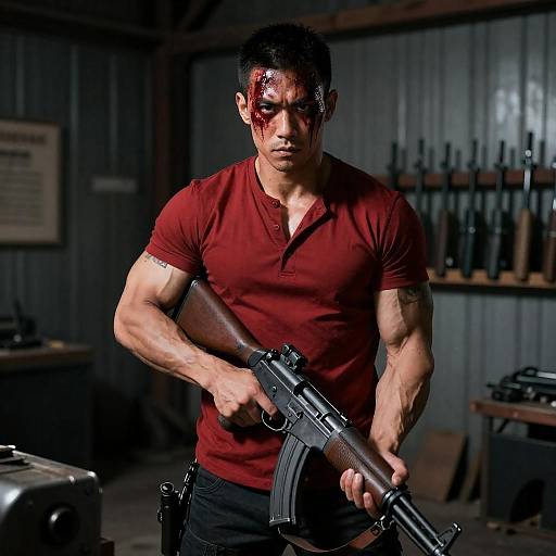 Intense Muscular Man in Dim Warehouse