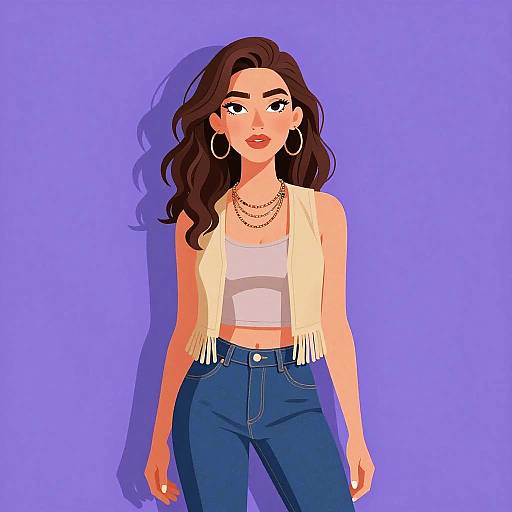 Digital illustration of a stylish woman with long brown hair, wearing a white crop top, fringe vest, blue jeans, hoop earrings, and layered necklaces