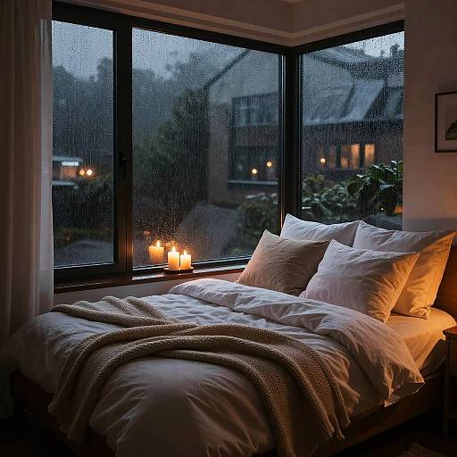 Cozy Bedroom with Rainy Window and Candlelight