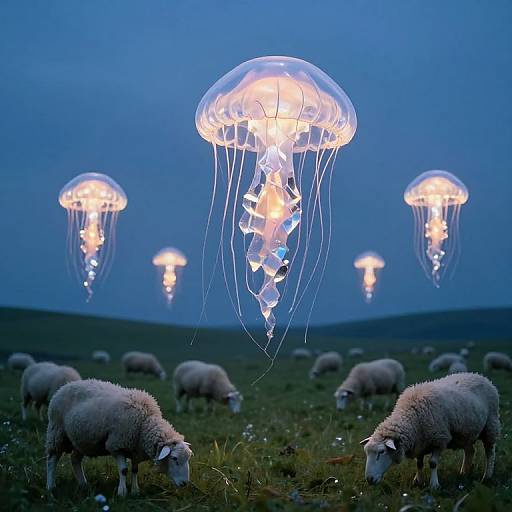 Photograph of glowing jellyfish floating above grazing sheep in a dark blue twilight meadow, creating an ethereal, surreal scene.