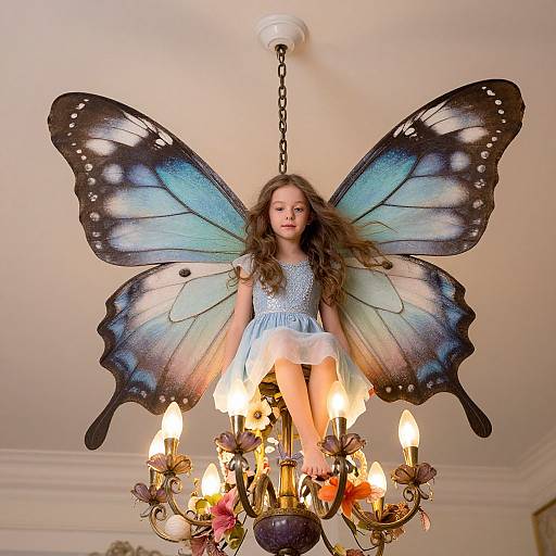 Photograph of a young girl with long brown hair, wearing a light blue dress, sitting on a chandelier with large, blue and black butterfly wings