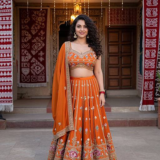 Confident Woman in Orange Punjabi Lehenga