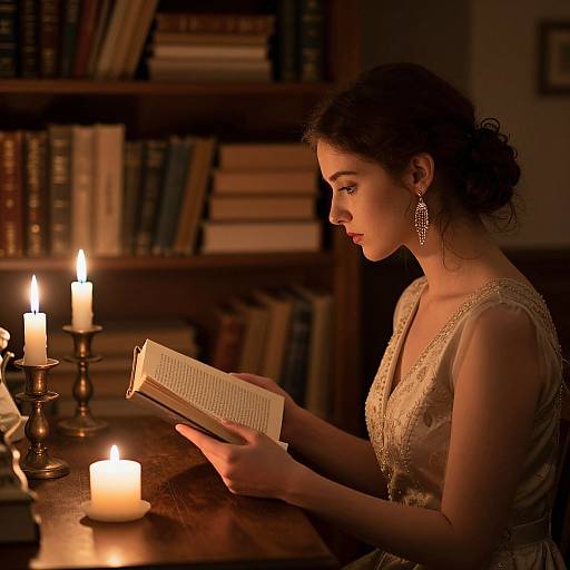 Photograph of a young woman with dark hair in a bun, wearing an ornate dress, reading a book by candlelight in a dimly lit