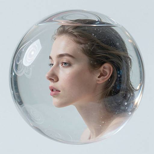 Photograph of a young woman with fair skin, brown hair, and blue eyes, enclosed in a transparent soap bubble, against a white background.