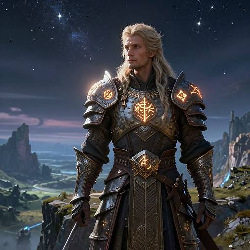 CGI fantasy image: blond, muscular male knight with glowing runes on armor, standing on rocky cliff under starry night sky, overlooking a mystical,