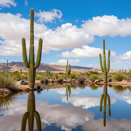 Photograph of a desert landscape featuring tall green cacti, reflective water, blue sky with white clouds, and distant mountains.