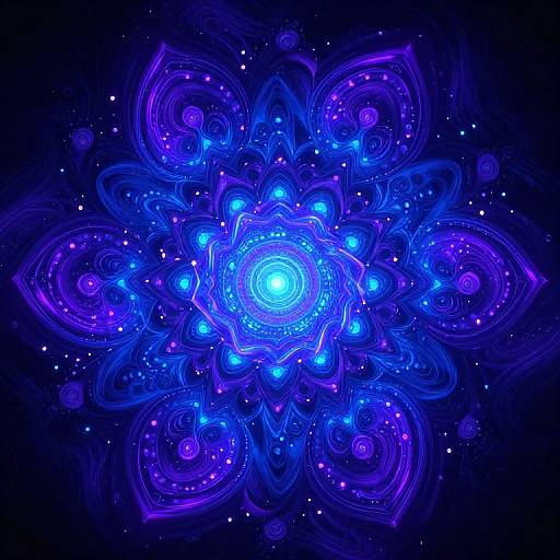 Digital art of a glowing, intricate blue and purple mandala with swirling patterns, bright central light, and small sparkling dots against a dark background.