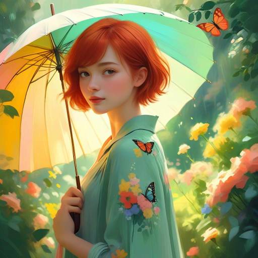 Young Woman with Umbrella in Garden