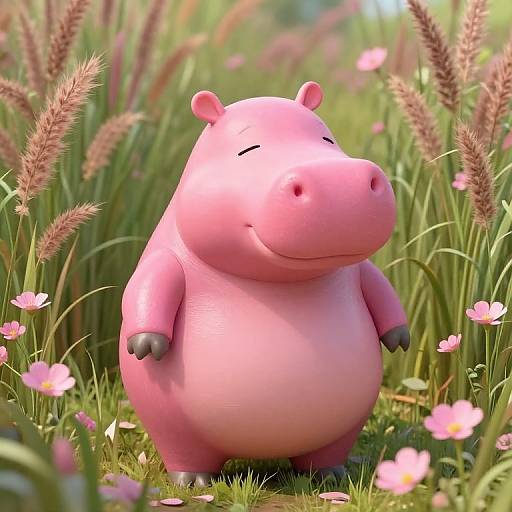 Serene Pink Hippo in Grassy Field