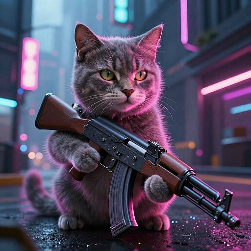 Cyberpunk Cat with AK47 Action