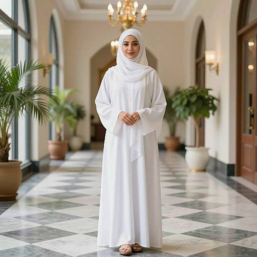 Woman in White Abaya and Hijab in Elegant Hallway