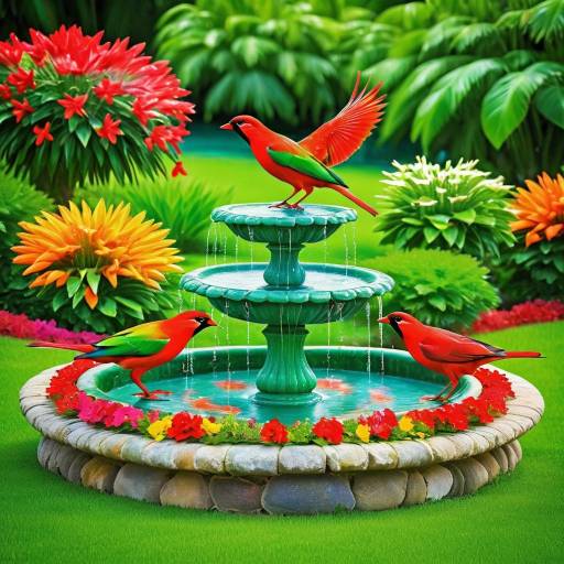 Vibrant Birds at a Floral Fountain