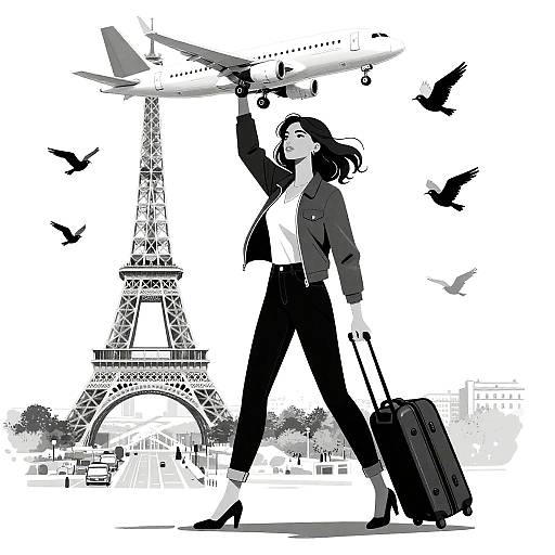 Monochrome digital illustration of a confident woman in a blazer and pants, raising her arm to a flying plane, with the Eiffel Tower and