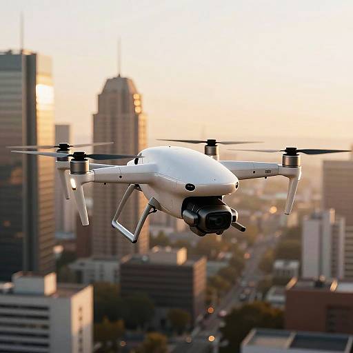 Futuristic White Drone Over Cityscape