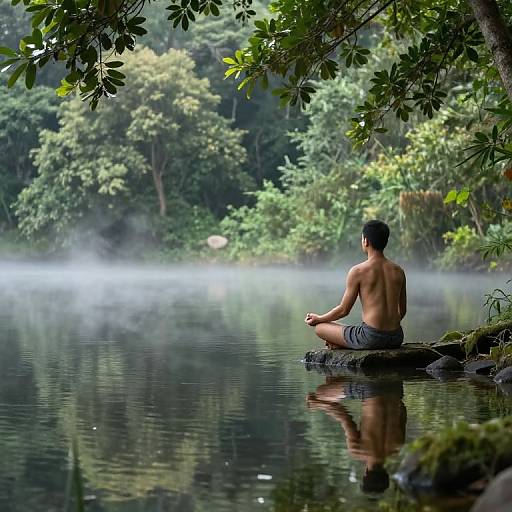 Photograph of a shirtless man in striped shorts, meditating on a rock by a misty, reflective forest lake.