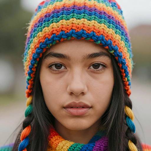 Young Woman in Colorful Knit Hat