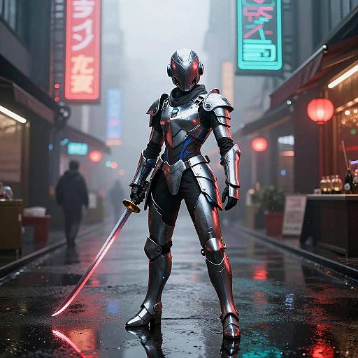 Futuristic Armored Soldier with Katana in Neon Market