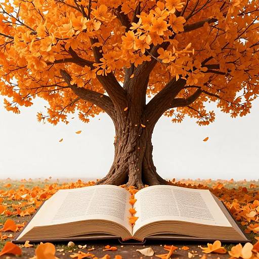Photograph of an open book at the base of a vibrant orange-leaved tree, with fallen leaves scattered around.