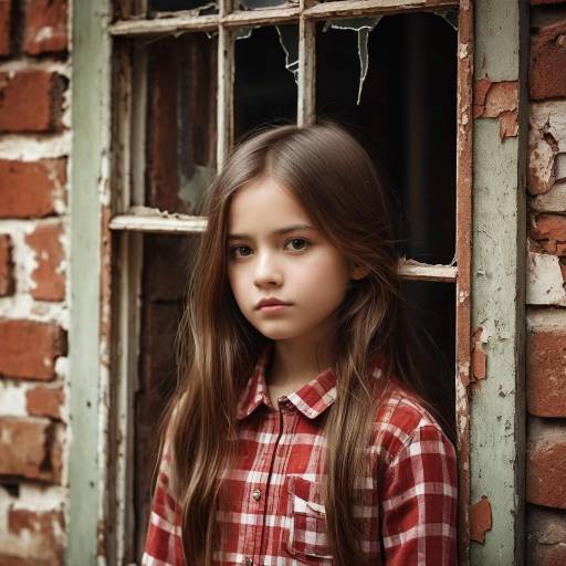 Young Girl in Red Checked Shirt by Old Window