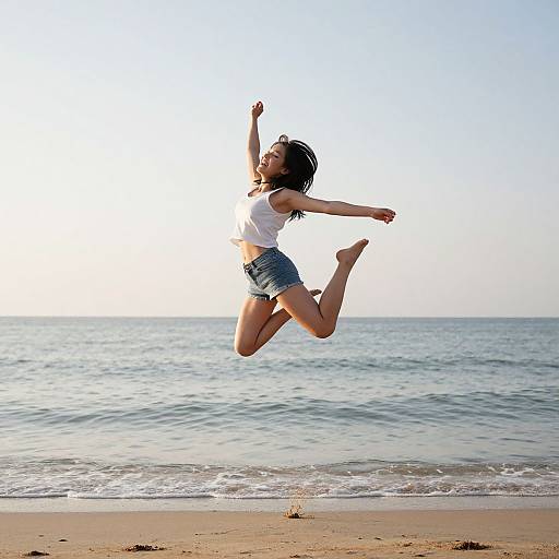Photograph of a young woman with dark hair, wearing a white crop top and denim shorts, joyfully jumping mid-air on a sunny beach with calm