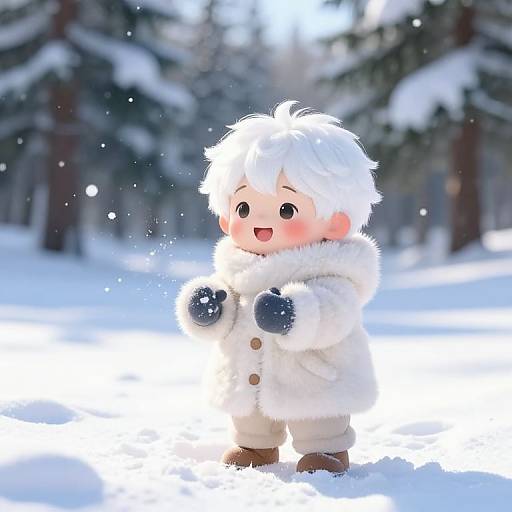 Cute digital illustration of a chubby, smiling child with white hair, wearing a fluffy white coat, mittens, and boots, standing in a snowy