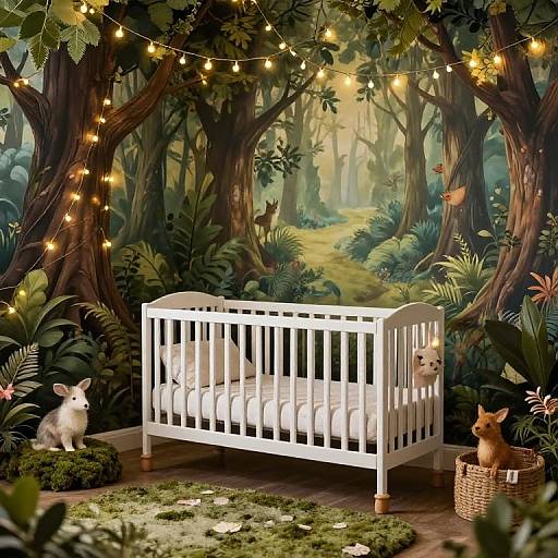 Whimsical forest nursery scene: white crib with two baby animals, rabbit and deer, fairy lights, lush greenery, and a wicker basket