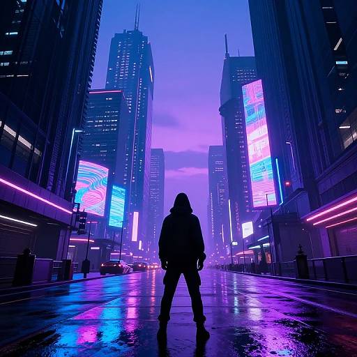 Silhouetted figure in hooded coat stands on neon-lit, rain-soaked city street, flanked by towering skyscrapers with vibrant