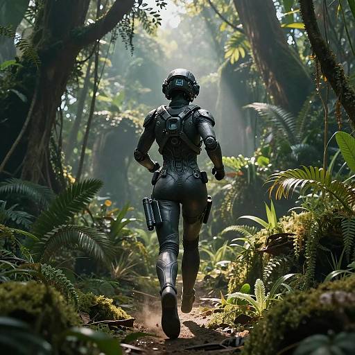 Futuristic Female Soldier Running in Alien Jungle