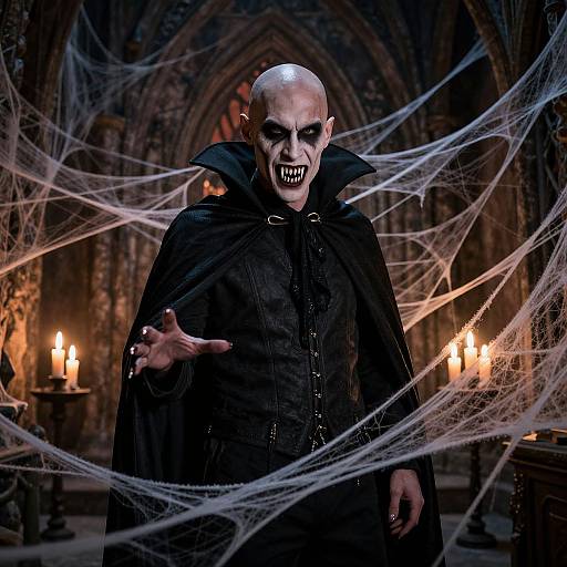 Photograph of a bald, pale vampire with sharp fangs, black cloak, and sinister expression, reaching out in a dimly lit, gothic