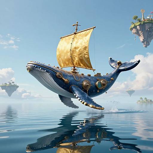 Fantasy CGI image of a steampunk blue whale ship with golden sails, mechanical gears, and a cross, floating on calm, reflective water,
