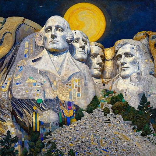 Photograph of a vibrant, surreal mosaic depicting five large, white, stone-like faces with colorful geometric patterns, under a glowing yellow moon, set against