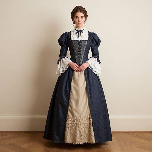 Photograph of a woman in a Victorian-style navy blue dress with white lace sleeves, standing against a plain white wall.