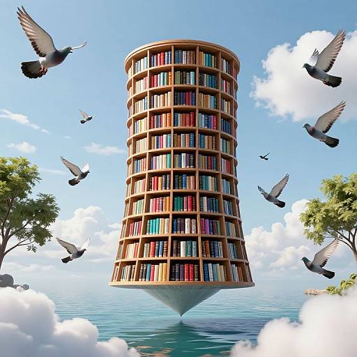 Floating cylindrical library tower with colorful books, surrounded by flying pigeons, set against a bright blue sky with fluffy clouds.