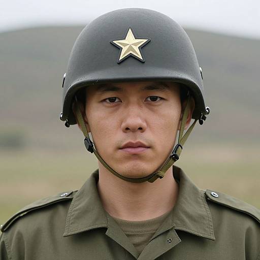 Photograph of a serious Asian male soldier with fair skin, wearing a black helmet with a gold star, olive green uniform, and neutral background of blurred