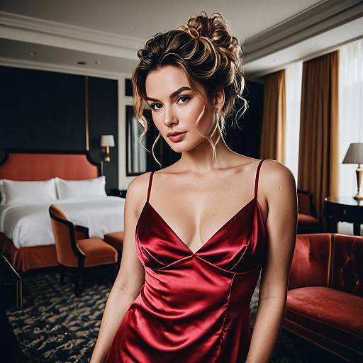 Woman in Red Satin Slip Dress in Hotel Suite