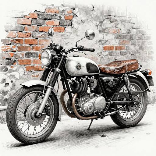 Vintage-style motorcycle with silver engine, brown leather seat, and black wire-spoke wheels, parked against a textured brick wall. Digital drawing.