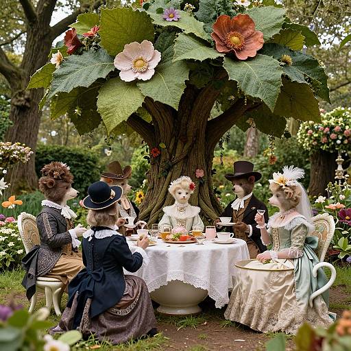 Photograph of five Victorian-era dressed individuals dining under a large, flowering tree in a lush garden, with intricate clothing and hats.