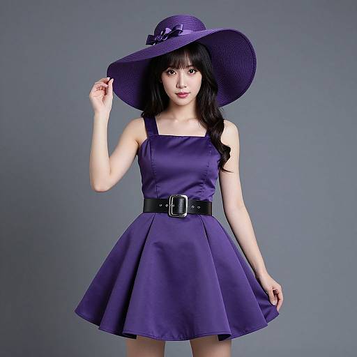 Photograph of an Asian woman with long black hair, wearing a purple dress, black belt, and wide-brimmed hat, against a gray background