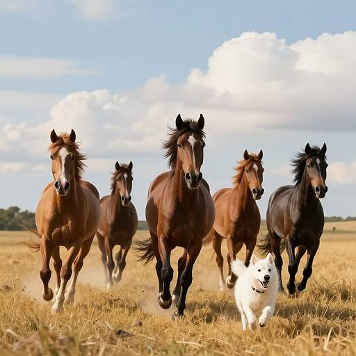 Photograph of five galloping horses, including a white dog, across a golden grassy field under a blue sky with scattered clouds.