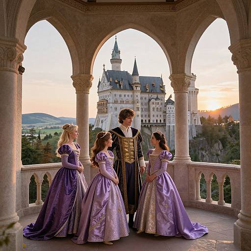 Photograph of four children in purple royal gowns, standing on a stone balcony with a castle and sunset in the background.