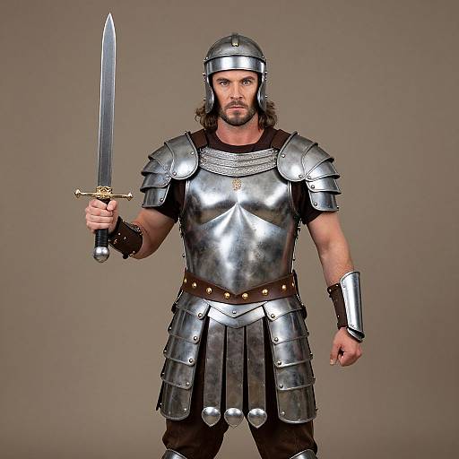 Photograph of a muscular, bearded man in medieval silver armor holding a sword, standing against a plain brown background.