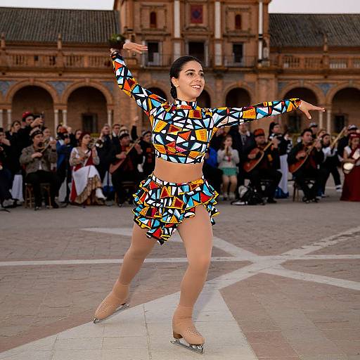 Photograph of a dancer in a vibrant geometric-patterned crop top and skirt, beige tights, and silver sequin ballet flats, performing in a