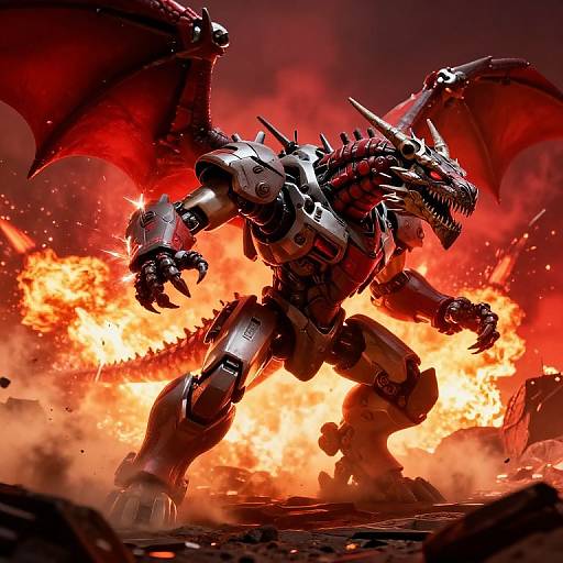 Digital artwork of a fierce, red-and-silver mechanical dragon with spiked armor and wings, roaring amidst a blazing, fiery explosion.