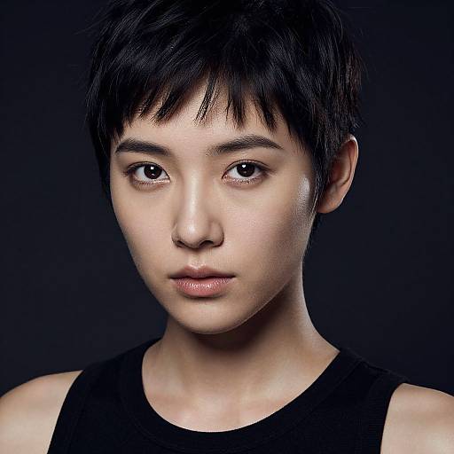 Photograph of an Asian young woman with short black hair, fair skin, and black tank top, against a dark background.