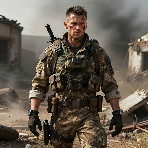 Photograph of a battered, muscular male soldier in camo gear with tactical vest, black gloves, and gun, standing amid war-torn ruins with