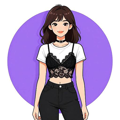 Digital anime-style drawing of a smiling woman with brown hair, wearing a white crop top with black lace, black pants, and a choker, against