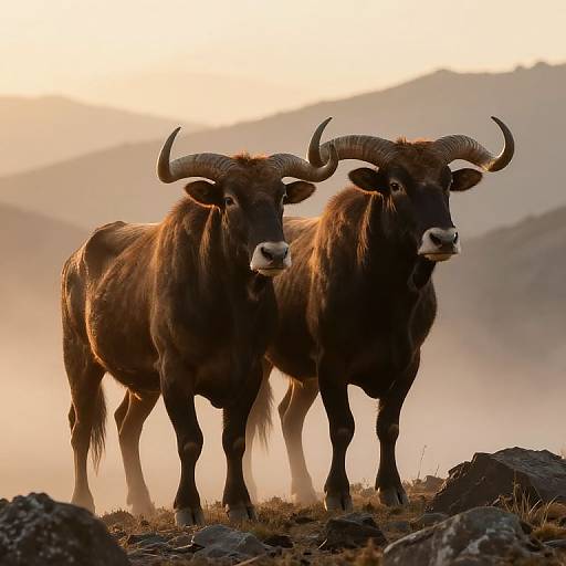 Photograph of two large, brown, horned yaks standing on rocky terrain at dawn, with mist and mountains in the background.