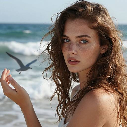 Photograph of a freckled, blue-eyed, long-haired young woman with wet hair, standing at the beach, raising her hand, with a