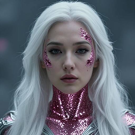 Photograph of a pale-skinned woman with long white hair, wearing a pink sequin face and neck piece, and a metallic costume, against a